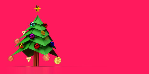 Pink red background wallpaper copy space empty blank  decoration ornament merry Christmas tree ball snowflake gold yellow green blue color happy new year holiday  december winter season.3drender