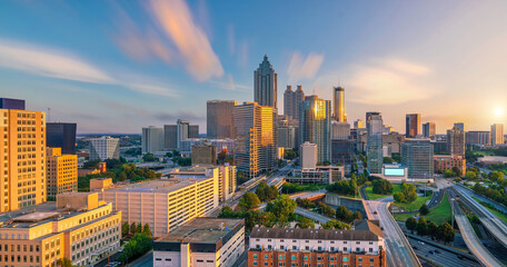 Skyline of Atlanta city at sunset in Georgia, USA
