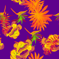 Fototapeta na wymiar Coral Tropical Hibiscus. Gray Seamless Botanical. Pink Pattern Hibiscus. Garden Illustration. Wallpaper Leaf. Drawing Design. Floral Background. Watercolor Art.