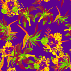 Fototapeta na wymiar Violet Pattern Design. Plum Seamless Vintage. Lavender Tropical Plant. Yellow Flower Art. Purple Decoration Foliage. Spring Textile. Garden Nature.
