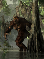 The rougarou, a werewolf creature of Cajun folklore, emerges from behind a cypress tree. This American cryptid wades through waters and under Spanish moss in the swamps of Louisiana. 3D Rendering.