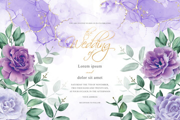 Elegant Wedding Invitation Design Template with Hand Drawn Flower and Eucalyptus Leaves Arrangement