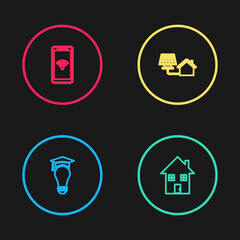 Set line Light bulb and graduation cap, House, with solar panel and Mobile wi-fi wireless icon. Vector