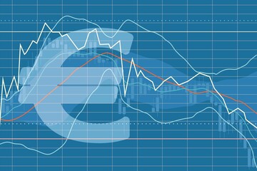 Double exposure euro symbol and financial market chart.