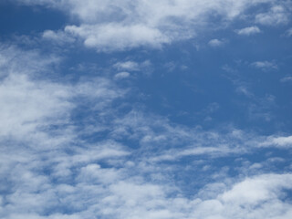 Fototapeta premium Summer Blue Sky and white cloud white background. Beautiful clear cloudy in sunlight calm season. Panoramic vivid cyan landscape in nature environment. Outdoor horizon skyline with spring sunshine.