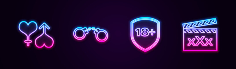 Set line Male and female heart, Handcuffs, Shield with 18 plus and Movie clapper Sex. Glowing neon icon. Vector