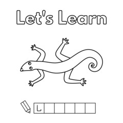 Cartoon lizard learning game for small children - color and write the word. Vector coloring book pages for kids