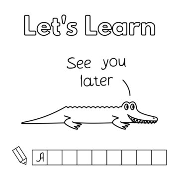 Cartoon alligator learning game for small children - color and write the word. Vector coloring book pages for kids