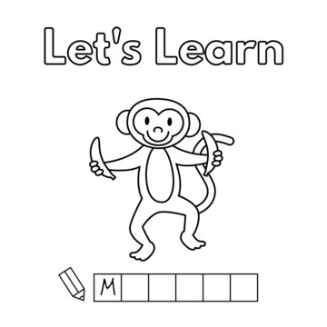 Cartoon monkey learning game for small children - color and write the word. Vector coloring book pages for kids