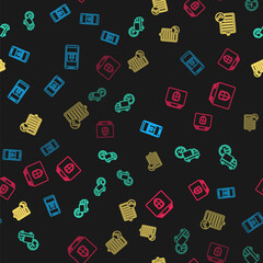 Set line Mobile with app tracking, Delivery truck and clock, Verification of delivery list and box security shield on seamless pattern. Vector