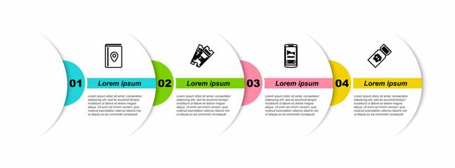 Set line Cover book travel guide, Train ticket, Online hotel booking and Bus. Business infographic template. Vector