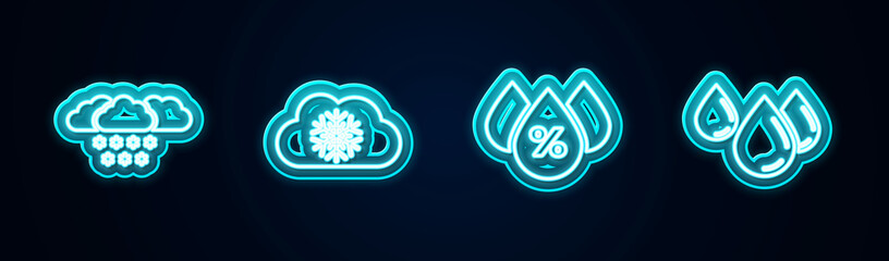 Set line Cloud with snow, , Water drop percentage and . Glowing neon icon. Vector