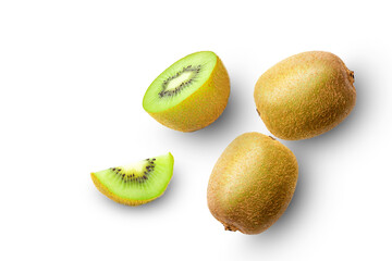  kiwi fruits and half sliced isolated on white background. Top view. Flat lay.