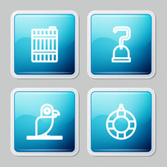 Set line Wooden barrel, Pirate hook, parrot and Lifebuoy icon. Vector
