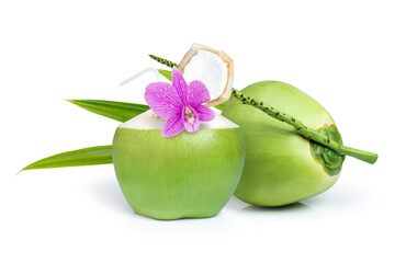 coconut with leaf and flower on white.