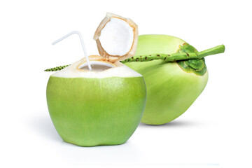 green coconut fruit and cut in half slice with green leaf isolated on white background. 