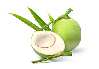 green coconut fruit and cut in half slice with green leaf isolated on white background. 