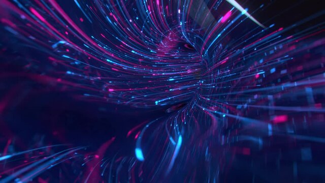 Neural network big data in cyberspace with neon colors. Futuristic connection technologies and artificial intelligence. 3D render seamless loop animation