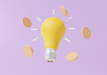 Yellow light bulb on soft purple background money competition combine investment startup idea concept, invention, project support, 3d render illustration