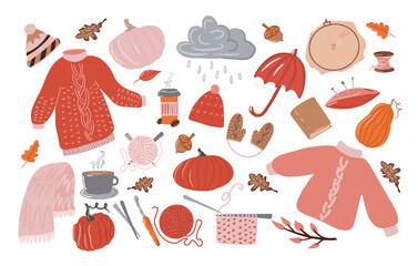 Big set of Autumn Hygge. A collection of cute illustrations, cozy rainy day, raindrops falling from a cloudy sky, set of rainy autumn. World Knitting Day in public. Flat illustration from a cartoon