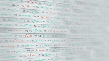 Fictional stock exchange tickers with shallow DOF 3D render
