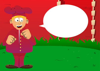 Obraz na płótnie Canvas Fat male cartoon chef in uniform holding his fists in front of him ready to fight. Vector illustration.
