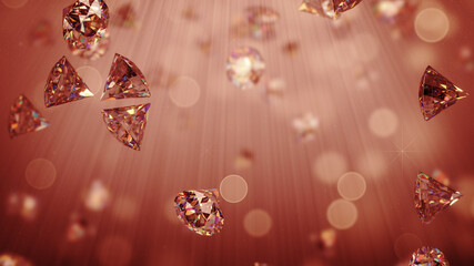 Red ruby brilliants are falling in light rays 3D rendering illustration