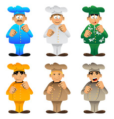 Fat male cartoon chef in uniform holding his fists in front of him ready to fight. Vector illustration.