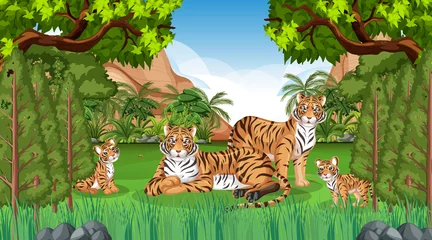 Foto op Canvas Tiger family in forest or rainforest scene with many trees © blueringmedia