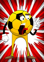 Soccer ball saying no with his finger. Traditional football ball as a cartoon character with face.