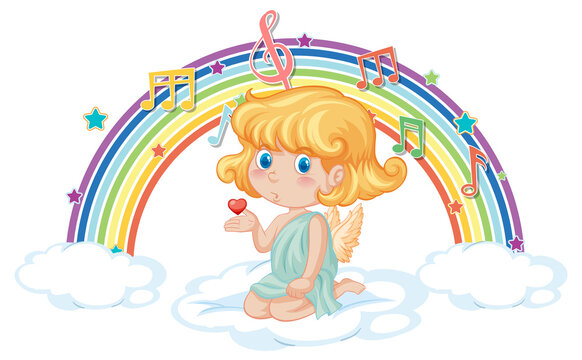 Cupid girl on the cloud with melody symbols on rainbow