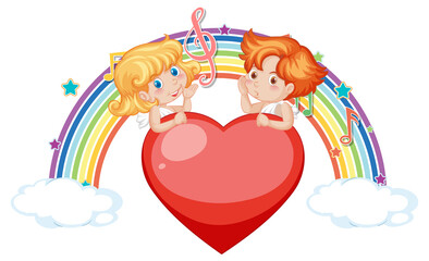 Fototapeta premium Couple of cupid angel character with melody symbols on rainbow