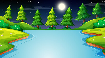 Nature forest landscape at night scene with long river flowing through the meadow