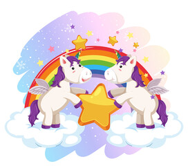 Cute pegasus in the pastel sky with rainbow