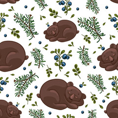 Seamless pattern with sleeping little bear, branches of fir, pine, leaves and wild blueberries.
Cartoon vector graphics.