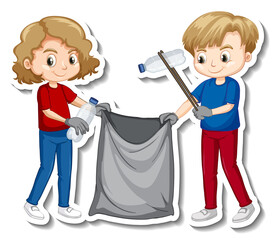 Fototapeta premium Sticker design with children collecting garbage