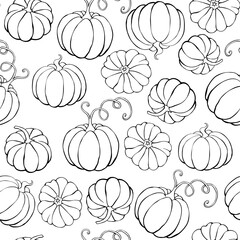 Vector seamless pattern with outline pumpkins in doodle style. Halloween or thanksgiving background and texture