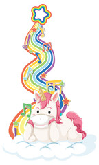 Unicorn laying on the cloud with rainbow on white background