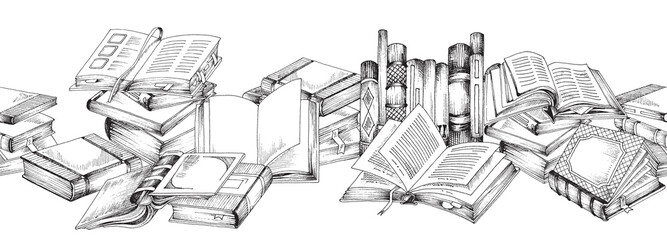 Horizontal vector banner with open and close literary books or textbooks