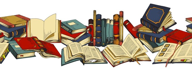 Seamless pattern with hand drawn opened, closed books in colored sketch style © sabelskaya