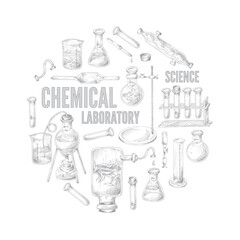 Round emblem with equipment for science experiments in chemical laboratory.