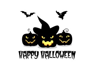 happy halloween decoration vector, pumpkin and bat design, ideal for decorating halloween theme like greeting cards, posters, banners, templates, etc.