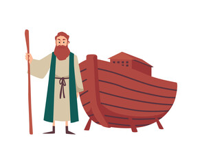 Noahs the Bible prophet and his ark boat, flat vector illustration isolated.