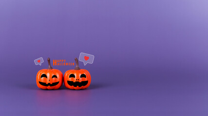 Pumpkins couple with smile face emotico in happy on purple background. Halloween and decoration concept. Front view and copy space