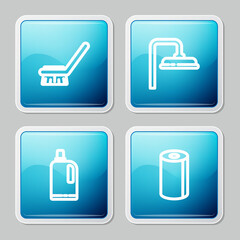 Set line Brush for cleaning, Shower head, Fabric softener and Paper towel roll icon. Vector