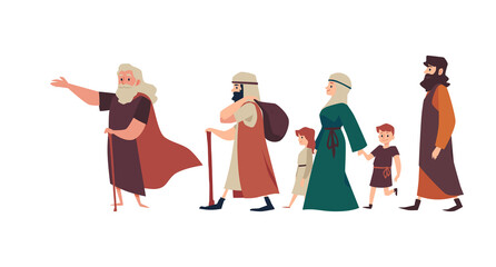 Naklejka premium Biblical Moses leads Jewish people from Egypt, flat vector illustration isolated.