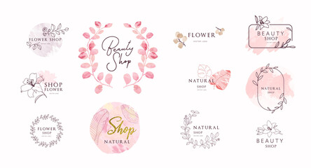 Watercolor vintage set of logo design, banner company . Hand drawn isolated objects for romantic or wedding design.