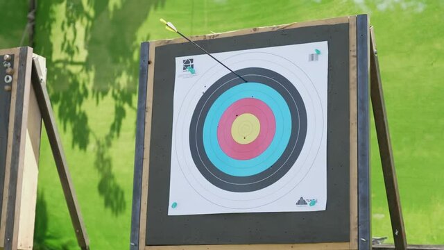 Lonely arrow hits the archery target - close up