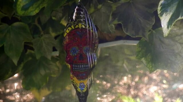 Hypnotic metal sugar skull ornate colourful spinning garden ornament hanging from tree