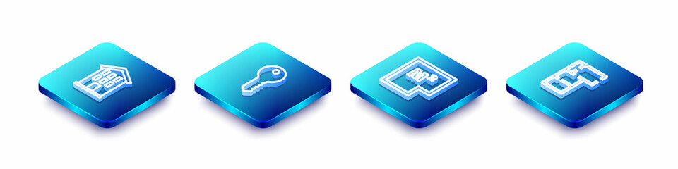 Set Isometric line House, key, plan and icon. Vector